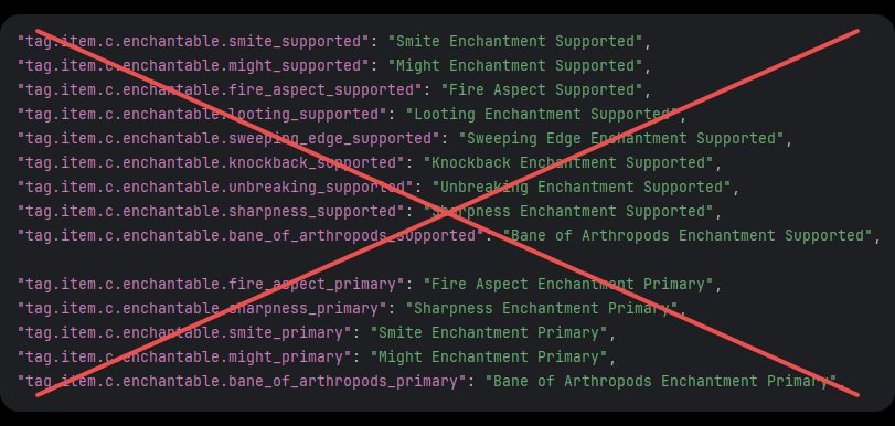 List of tag translations being removed from the next version of Basic Weapons with a big 'X' across them 