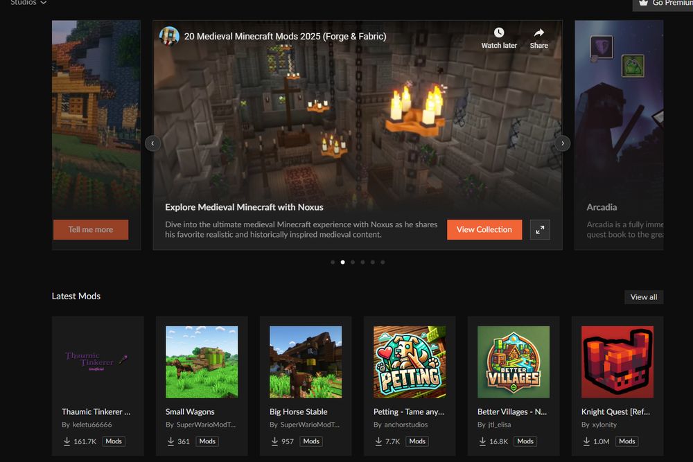 image of the curseforge homepage, with two out of the 6 projects in the 'Latest Mods' section having AI generated images as icons.