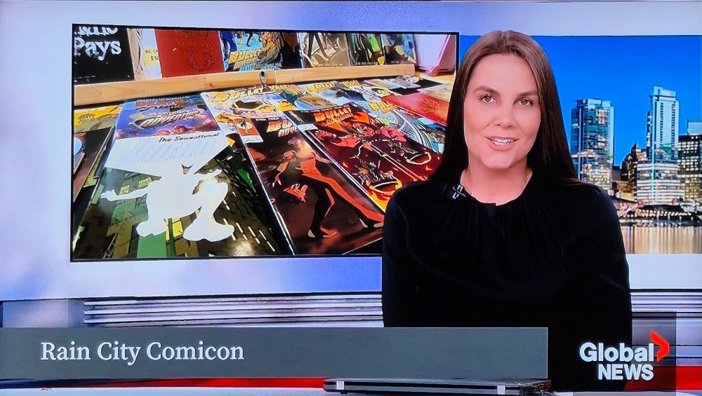 News cast with comics in background