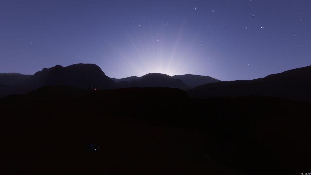 A screenshot of the game Elite Dangerous. It shows a dark landscape on a planet with a blueish atmosphere illuminated by a bright sun just below the horizon. A Scarab SRV sits a short distance from the camera, looking towards the sun. Farther away there is a landed Imperial Clipper.