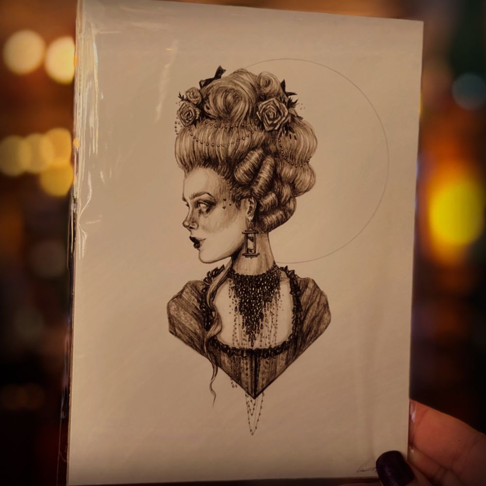 A gothic style black and white portrait of Marie Antoinette. 