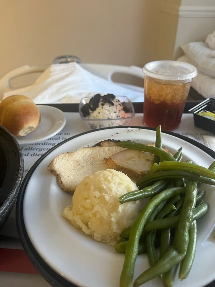 A plate of green beans, mashed potatoes, and slices of turkey. A roll on a plate. And a dessert of Oreo mousse. On a hospital trey 