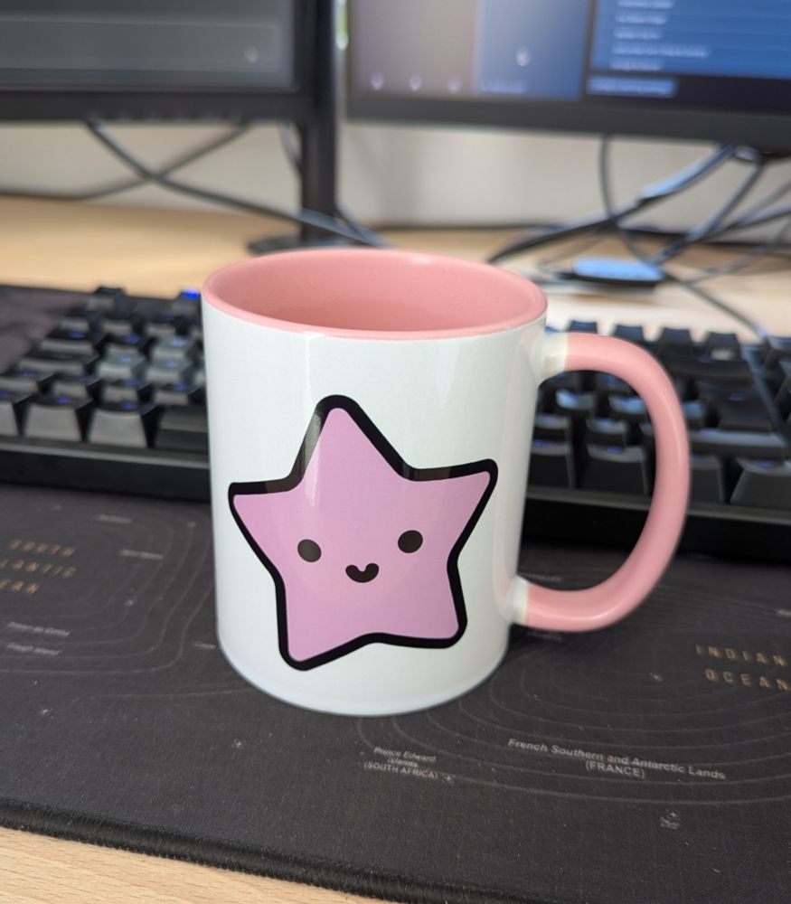 A mug depicting "Lucy", the brand mascot of the Gleam programming language