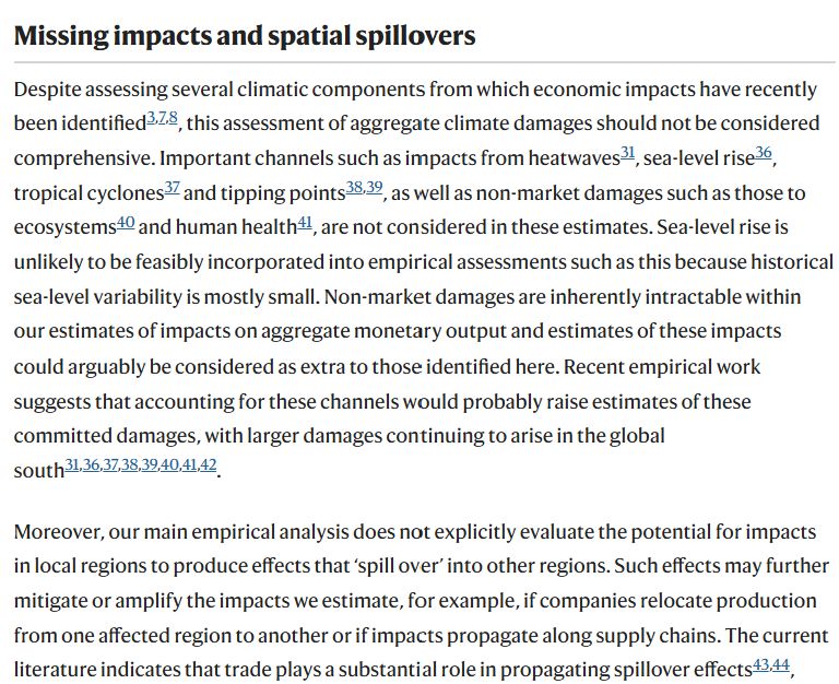 Missing impacts and spatial spillovers
Despite assessing several climatic components from which economic impacts have recently been identified3,7,8, this assessment of aggregate climate damages should not be considered comprehensive. Important channels such as impacts from heatwaves31, sea-level rise36, tropical cyclones37 and tipping points38,39, as well as non-market damages such as those to ecosystems40 and human health41, are not considered in these estimates. Sea-level rise is unlikely to be feasibly incorporated into empirical assessments such as this because historical sea-level variability is mostly small. Non-market damages are inherently intractable within our estimates of impacts on aggregate monetary output and estimates of these impacts could arguably be considered as extra to those identified here. Recent empirical work suggests that accounting for these channels would probably raise estimates of these committed damages, with larger damages continuing to arise in the global south31,36,37,38,39,40,41,42.

Moreover, our main empirical analysis does not explicitly evaluate the potential for impacts in local regions to produce effects that ‘spill over’ into other regions. Such effects may further mitigate or amplify the impacts we estimate, for example, if companies relocate production from one affected region to another or if impacts propagate along supply chains. The current literature indicates that trade plays a substantial role in propagating spillover effects43,44,