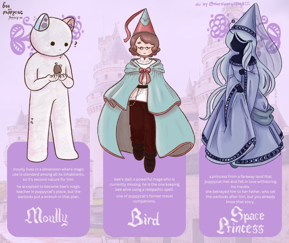 moully:
- moully lives in a dimension where magic use is standard among all its inhabitants, so it’s second nature for him. 
- he accepted to become bee’s magic teacher in puppycat’s place, but the warlocks put a wrench in that plan. 

bird:
- bee’s dad: a powerful mage who is currently missing. he is the one keeping bee alive using a telepathic spell.
- one of puppycat’s former travel companions.

space princess:
- a princess from a faraway land that puppycat met and fell in love with during his travels.
- she betrayed him to her father, who set the warlocks after him- but you already know that story. 