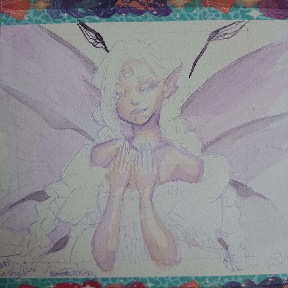 A purple pencil sketch of an elven woman named Séon, with long braids, a flowy dress and butterfly wings. Her eyes are closed and her hands are held up to her chest. The sketch has a light wash of watercolour in some parts, a work in progress.