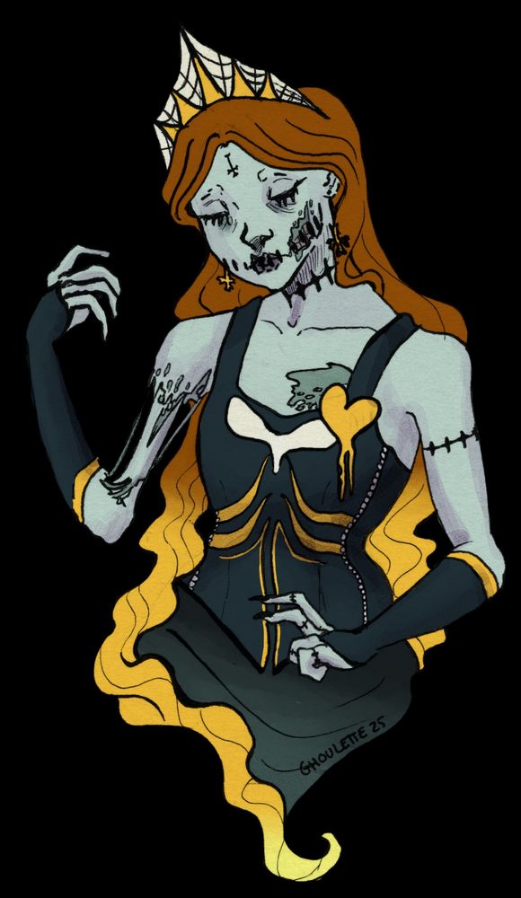 Design of a zombie-like woman with a crown and details in black and gold

