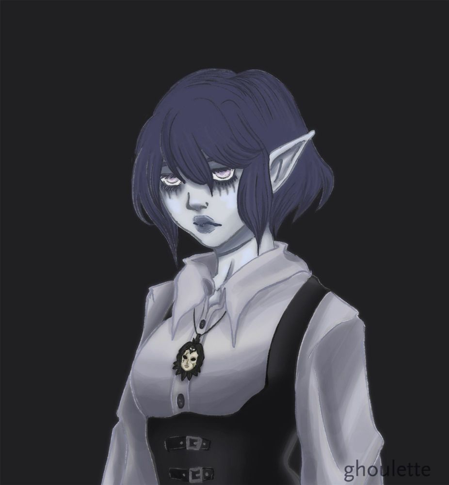Digital portrait of an elf with ghastly pale skin and pale violet eyes looking rather morose.