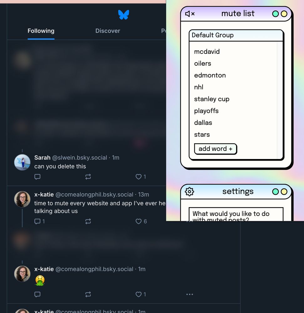 screenshot of my chrome extension blurring posts that mention hockey-related keywords