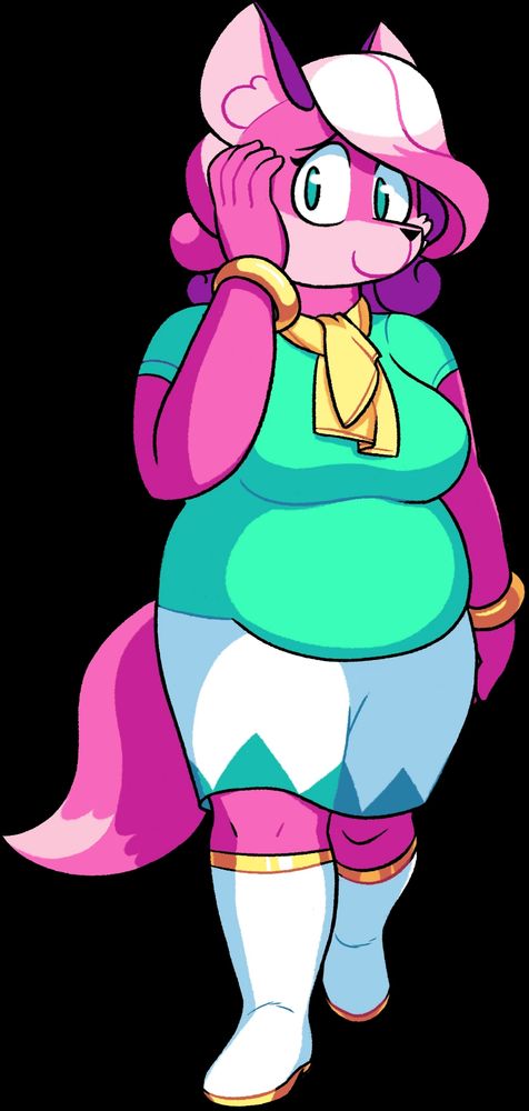 A fat anthropomorphic fox with pink fur. She wears a greenish turquoise shirt, yellow scarf, white skirt with teal triangles at the bottom, white and gold boots, and gold rings on her wrist. Her eye color is teal. Her ears are purple in the back and pink in the front. The hair is curly and short—colored white, pink, and purple. Her pose is having her right foot over the other, her right hand on the side of her face, and the left arm in the back.