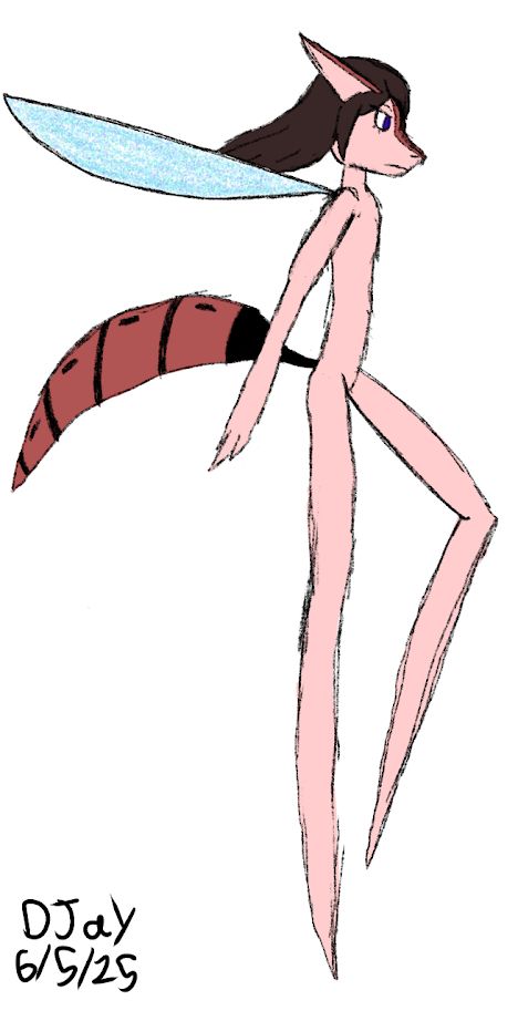 A side view of a tinted red anthropomorphic creature that's supposed to resemble a shark with long pointy ears. It has long brown hair and indigo eyes. The abdomen of a wasp is red and it has black stripes and dots. The pixie wing is mostly colored blue. One slender pointy leg is a bit bent as though this creature is flying.