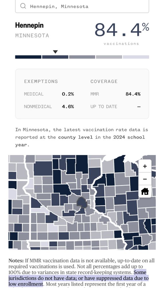 Map showing vaccination rates around Hennepin County. Map is in QT article.