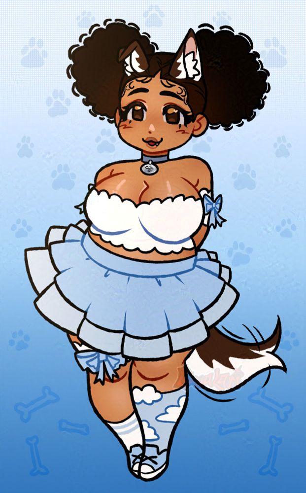 TheWindEnby, aka Briiz, looking quite cute and happy on a light blue background with a paw pattern. Their tail is wagging behind them as they smile and look towards the viewer.