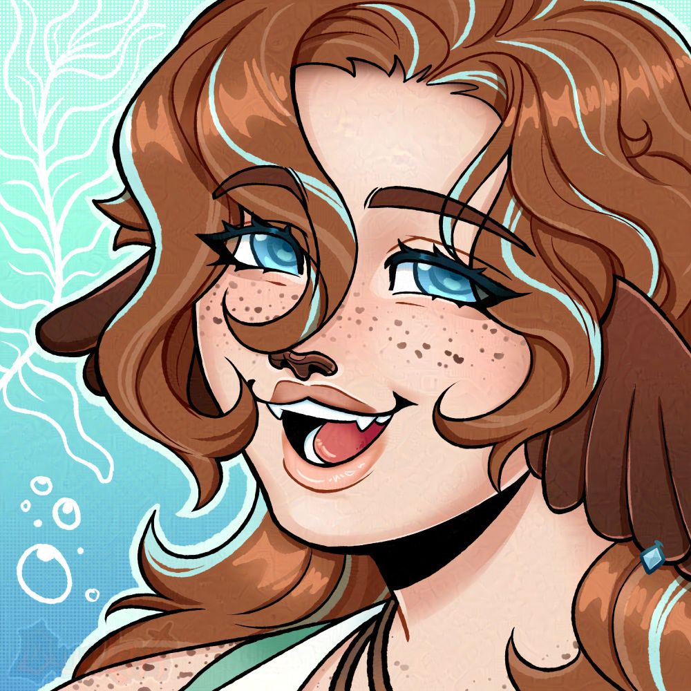 TypiicalTori smiling happily and gazing at the viewer. The background is sea-themed, with doodles of bubbles and seaweed behind the character.