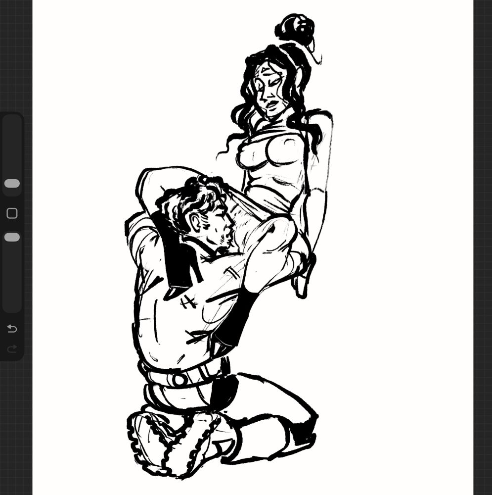 A sketch of a clone trooper kneeling, holding his lover aloft to perform oral sex. Her shirt is pulled up to expose her breasts, and her skirt is pulled up.