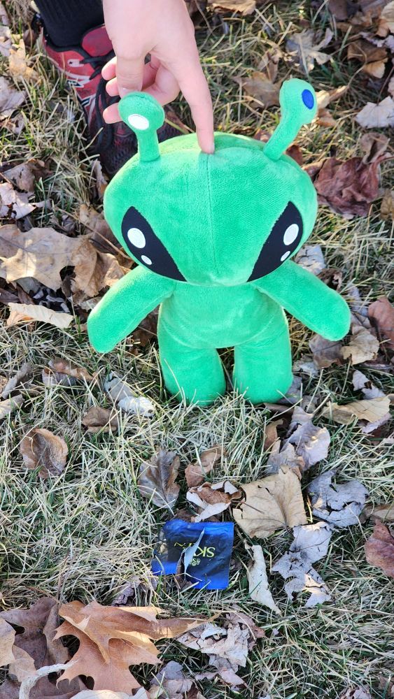 IKEA alien plushie standing in the grass among dead leaves. He's staring at a blue empty condom wrapper.