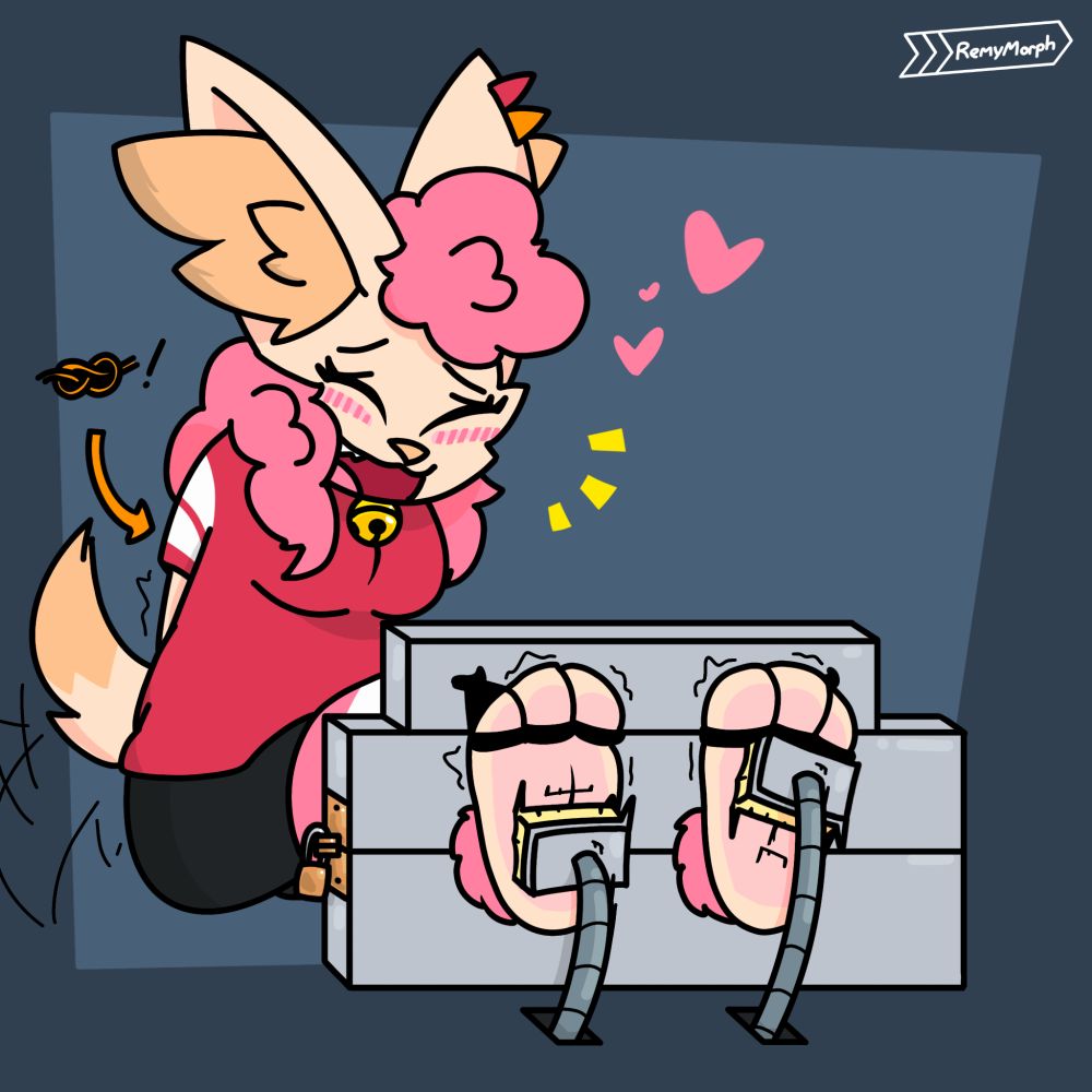 My sona, Fini, locked in stocks, getting her feet tickle tortured by brushes attached to robotic cables rising from the ground. Her arms are tied behind her and her tail is wagging.