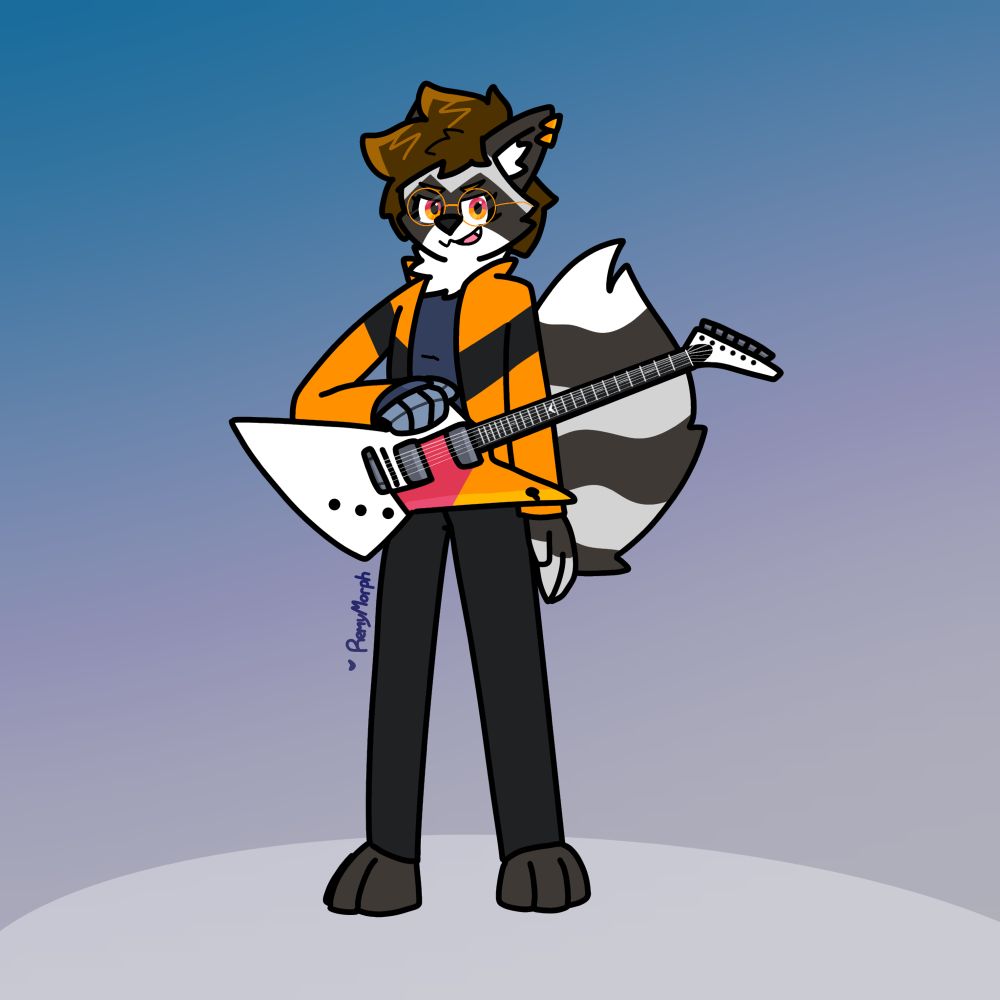 An anthro raccoon wearing an orange jacket, round orange glasses, dark blue shirt and sweatpants, standing confidently, resting a hand on her custom Explorer guitar with a red and orange pickguard.
