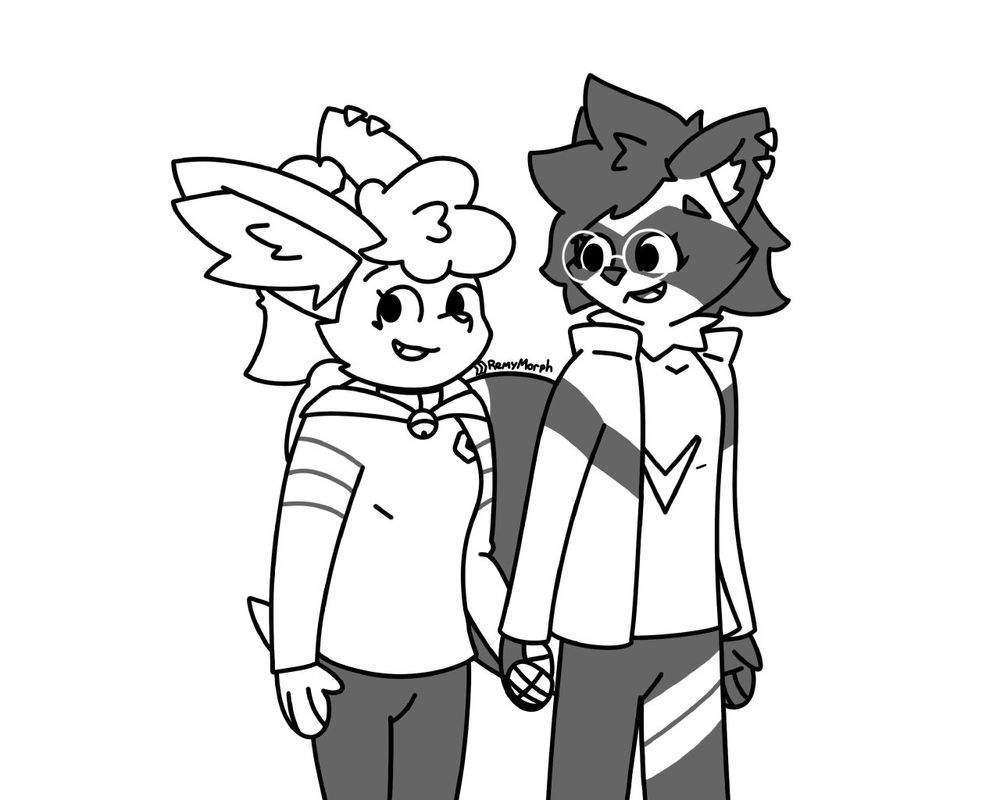 fenc!remy and racc!fini holding hands and chatting on a walk. They're avoiding eye contact because autism