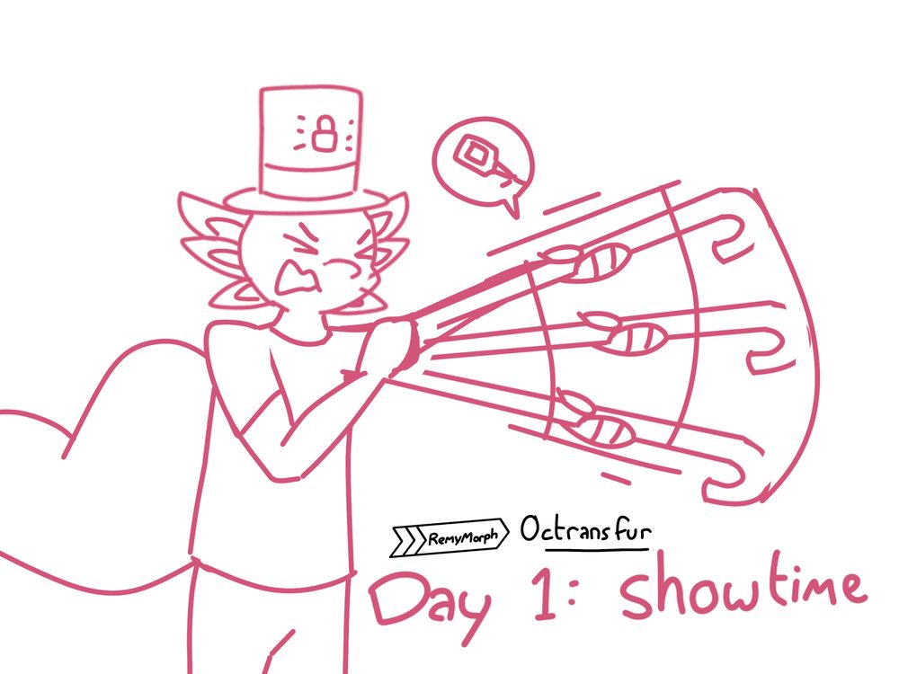 My lotl oc, Rio, who has unfortunately picked up a cursed showman's hat and cane, which have gotten stuck unremovable on him. He shakes the arm holding the cane in a panic, unable to let go of it.