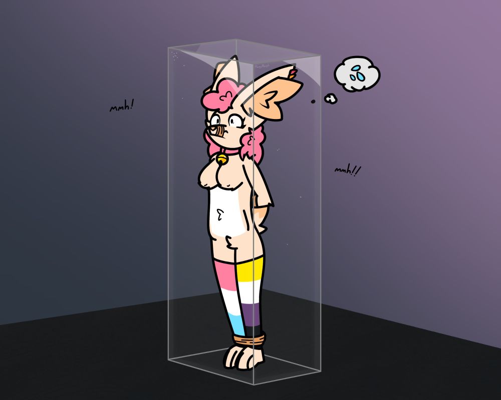 An anthro fennec with pink hair, bound up and encased in a block of resin.