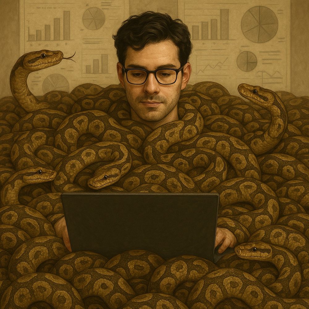 A semi-realistic digital painting of a data scientist almost completely covered by dozens of ball pythons in a pit-like setting. Only their head, glasses, and hands typing on a laptop are visible above the mass of coiled snakes. The snakes are calm, with varied patterns and textures, creating an oddly serene atmosphere. Dim lighting and background data visualisations give the impression of a high-tech yet organic workspace.