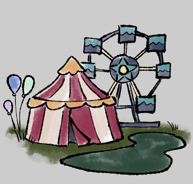 A colorful tent by a pond with a Ferris wheel behind it. 