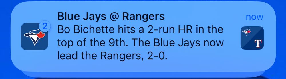 Screen capture of notification from mlb app of Bo Bichette hitting a 2run homerun