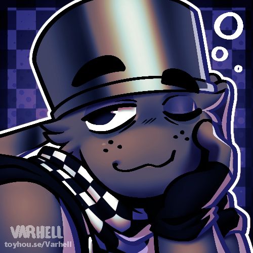 A 500x500 icon of kirbstar's character, Pothead. It depicts a head shot of a grey humanoid with soft, round features. He is wearing a metal pot on his head and a checkered scarf, while resting his face in his hand and staring at the viewer with relaxed eyes. The background is a dark purple checkerboard.
