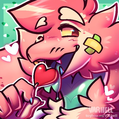 A 500x500 icon of din0digsss's character, Brighton. It depicts a head shot of a pink furry snake with a teal throat, large furry cobra hood, and cheek bandages. He is licking a heart-shaped lollipop with an open, smiling mouth. The background is a mint color with small pills/capsules as decoration.