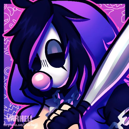 A 500x500 icon of kirbstar's character, Chloe. It depicts a head shot of a feminine version of a shy guy, instead having black hair and a purple hood. She is holding a metal baseball bat over her shoulder and blowing a bubble with gum. The background is a pink-purple gradient with white outline Halloween icons.
