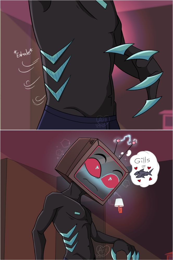 [Panel 7: Same as panel 6, but he pulls his hand away as the gills expand when he exhales.]

[Panel 8: Vox's face lights up as he makes the connection in his head of "Gills = SHARK" and sparks dance between his antennae.]