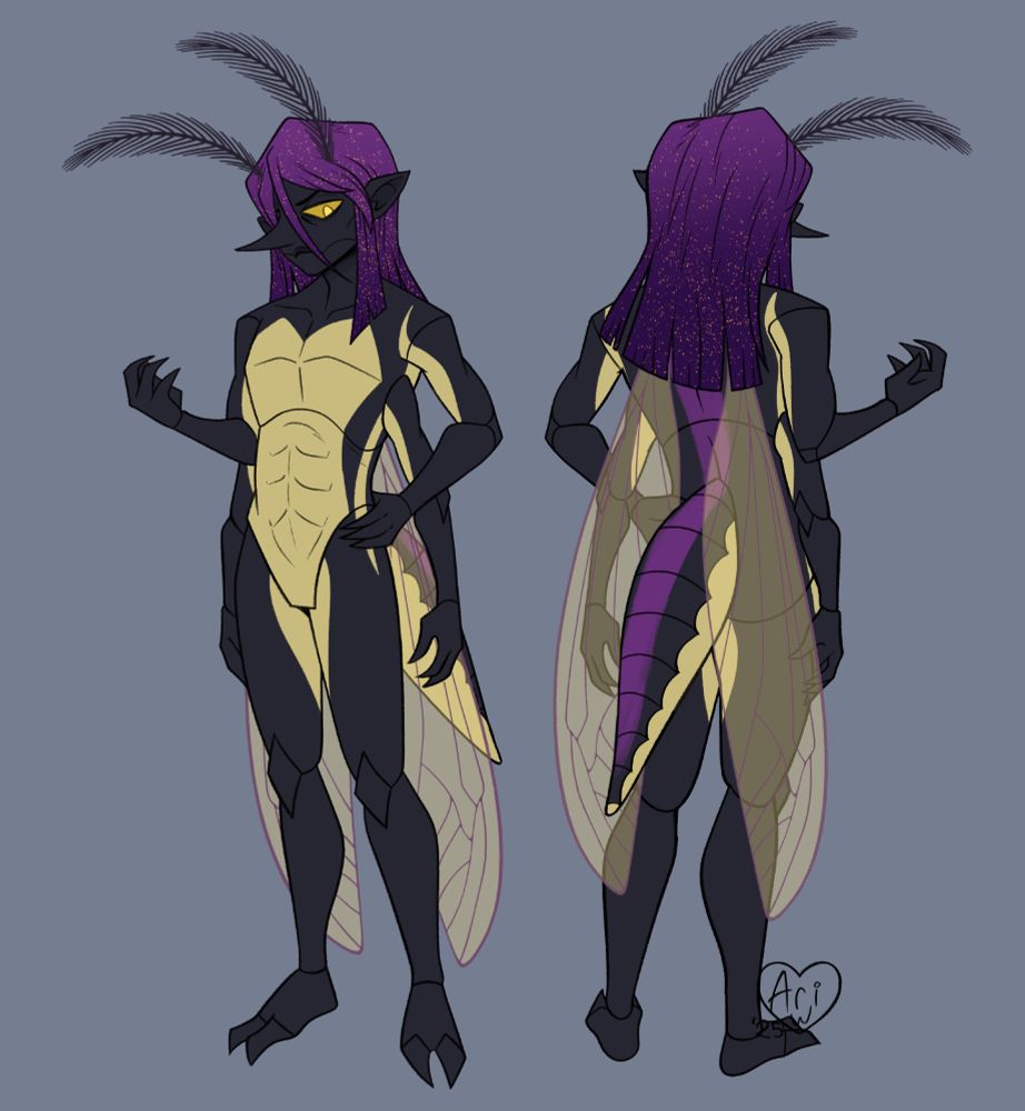 Tox without any clothing, revealing his pale yellow markings on his belly and the purple strip down his back and abdomen.