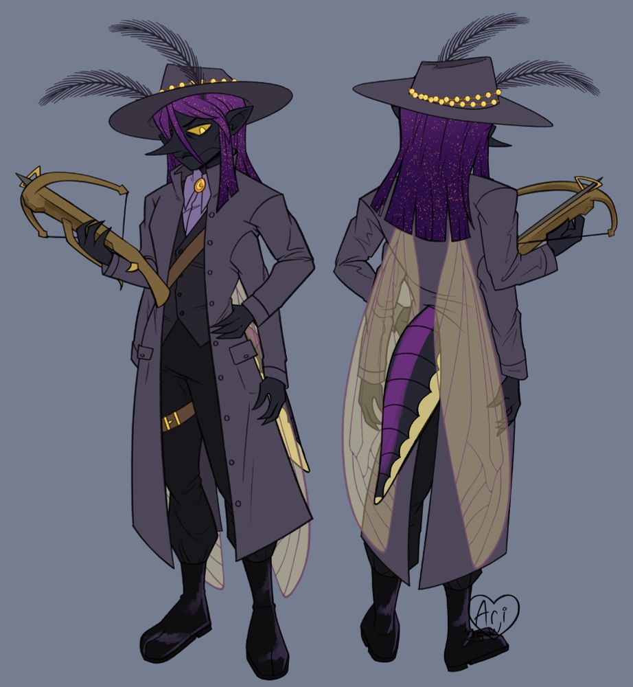 Tox, an elephant mosquito man, wearing new fit that includes a gray coat and a large rimmed hat decorated with gold beaded chain.