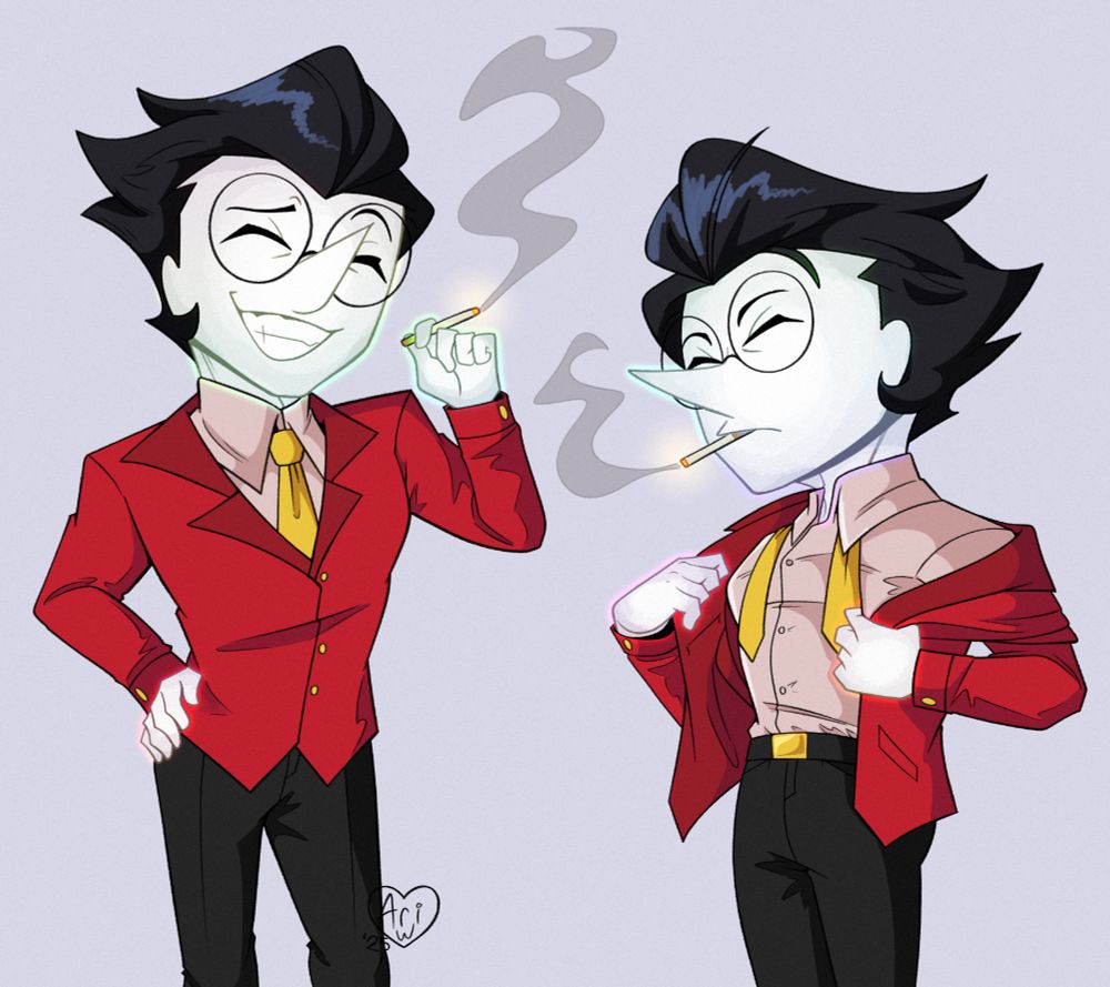 Drawings of Big shot era spamton from deltarune, one taking off his jacket and the other beaming a confident smile, both are smoking.