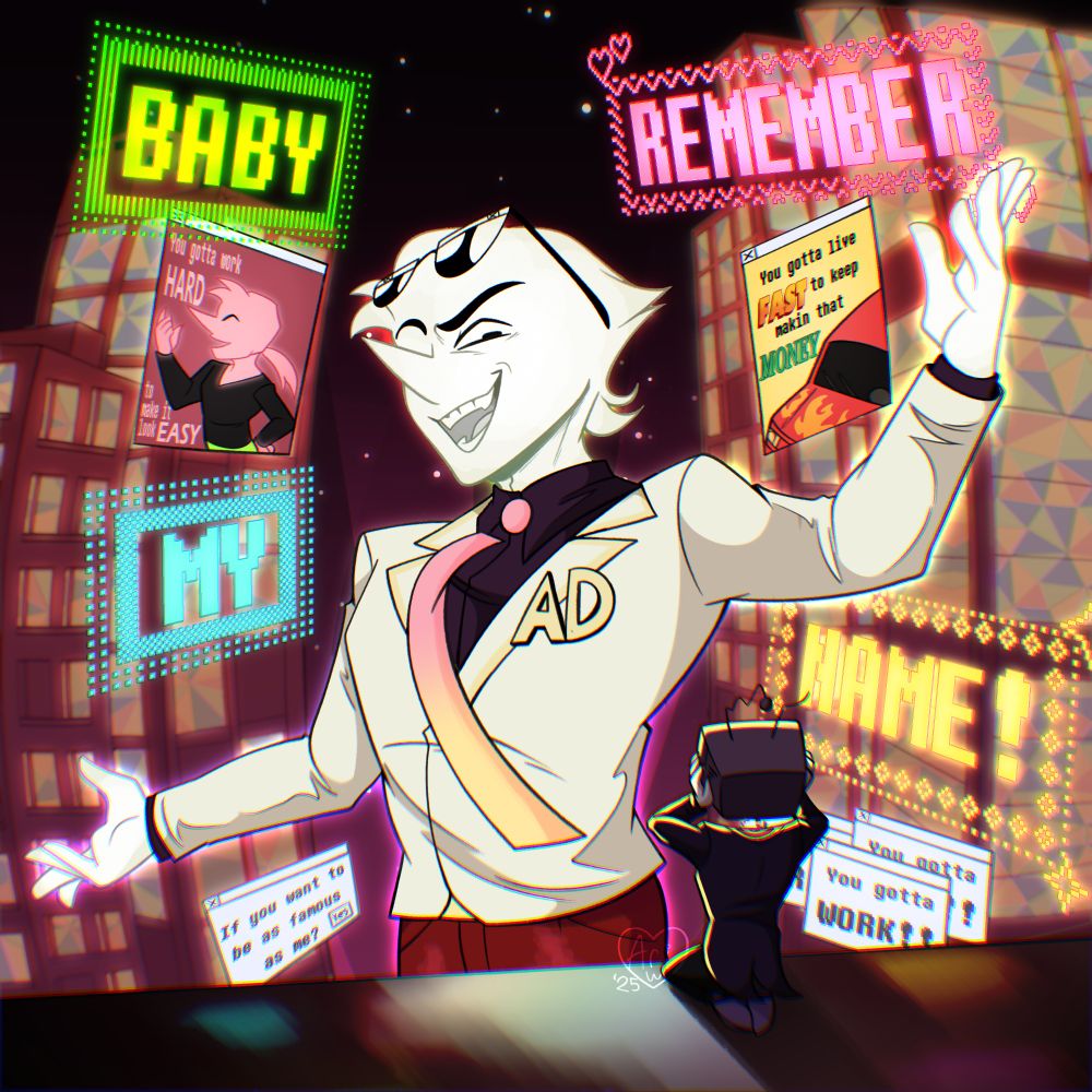 An illustration of Diionysan's swap Spamton standing grandiosly in front of swap Tenna in front of Ad World, with a bunch of advertisements subtly displaying the lyrics to Mount Ragous, from the movies Trolls 3. 