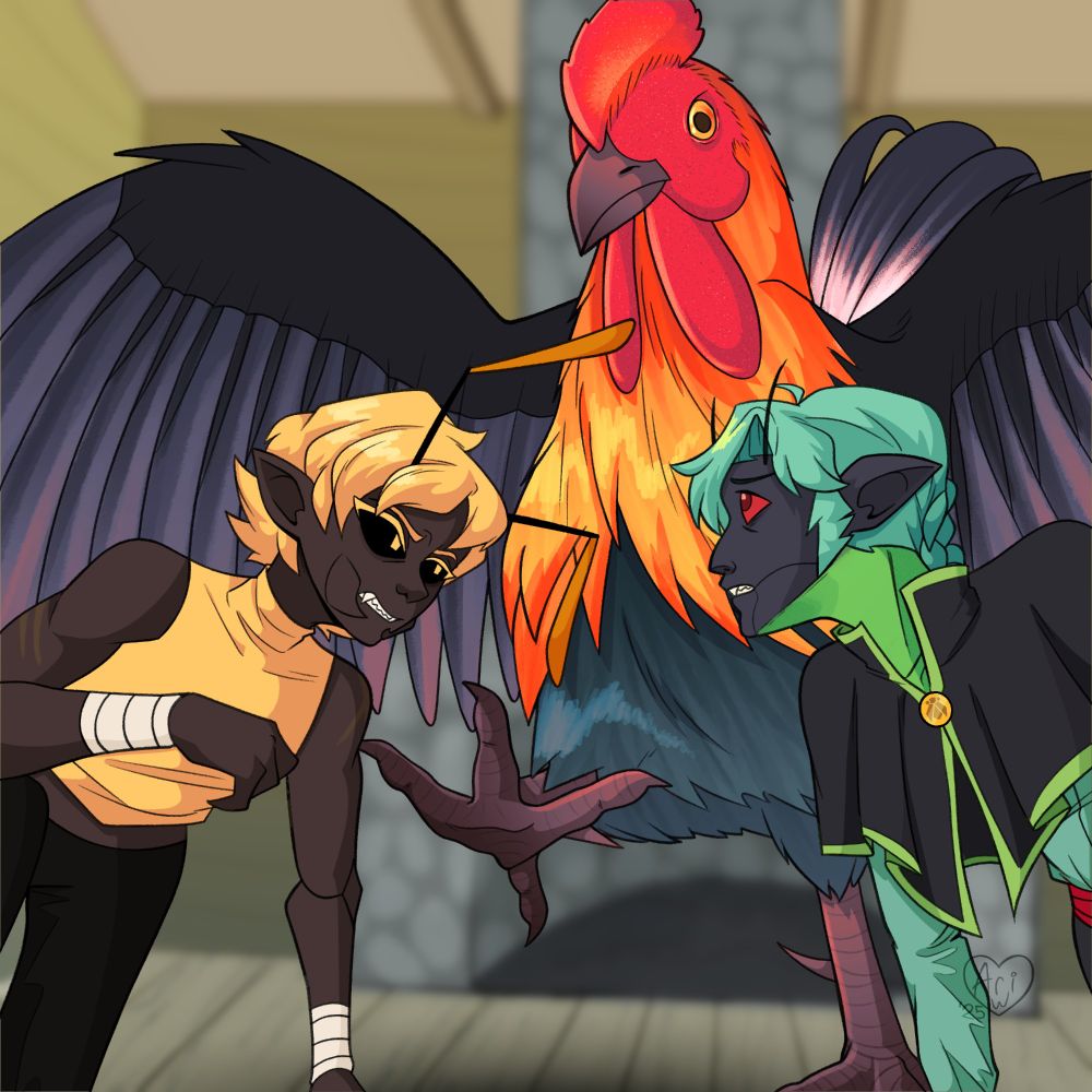 An illustration the previous wasp woman and Symon on the floor of a large room, as a junglefowl (wild chicken) looms over them in a predatory way.