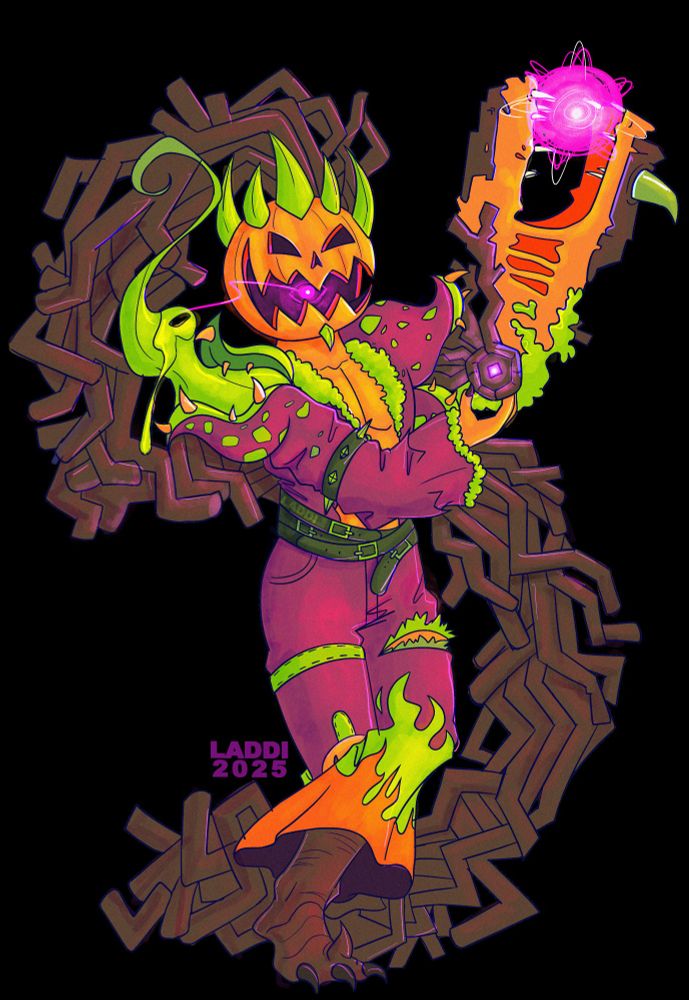 It's a pumpkin man with green spikes on his head. His arm is a big gun that also looks like a monster creature. He's wearing purple clothes, and his shoulders are plants with mouths. He has wooden hair that flows behind him! 