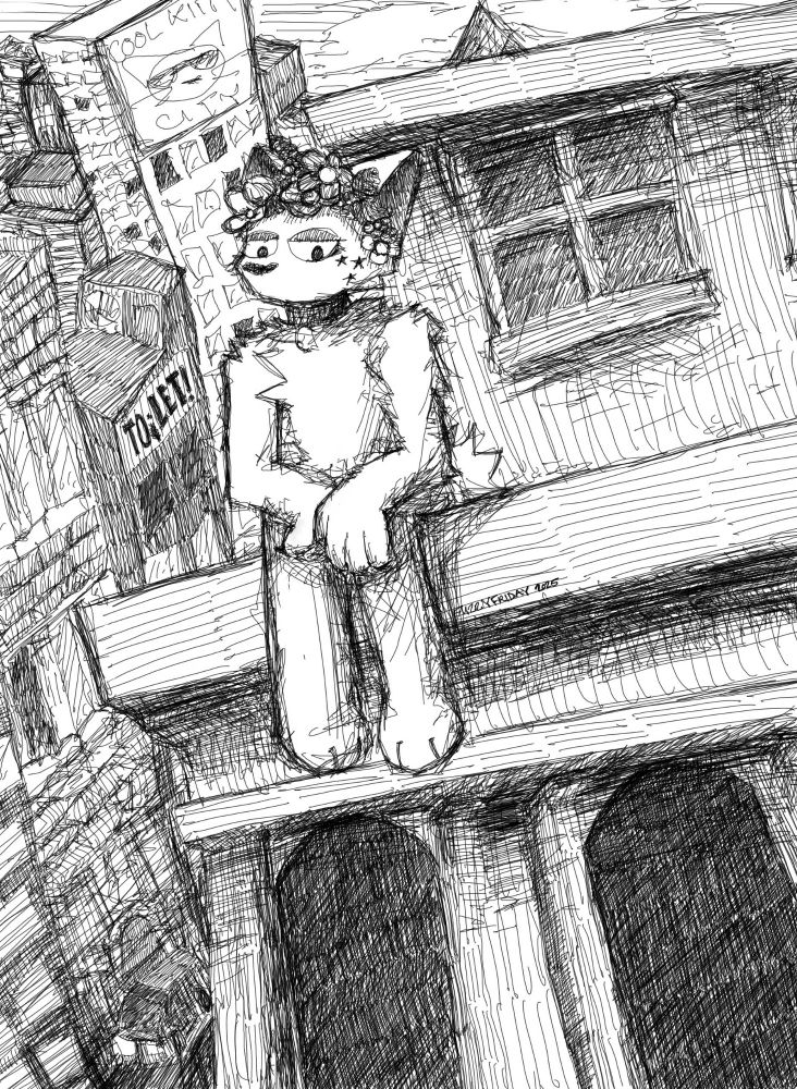 anthro cat sitting on a ledge in a city