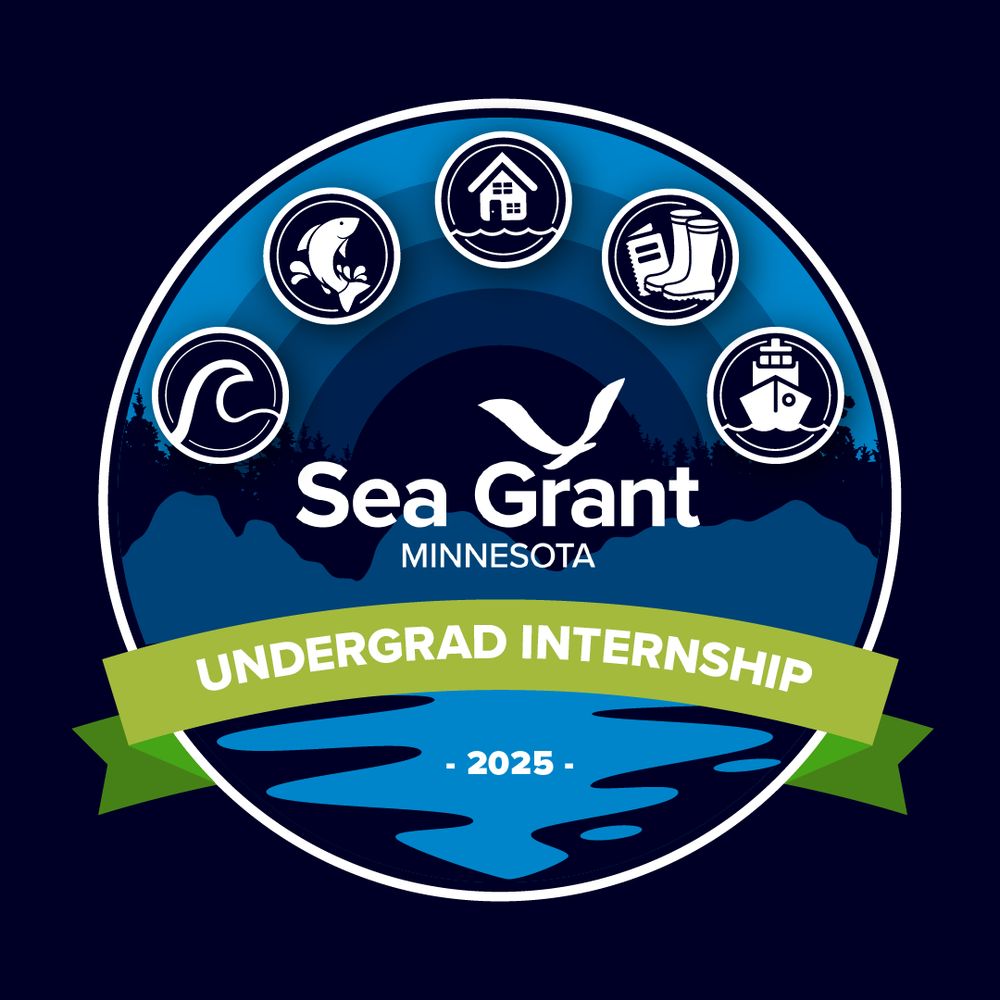 Logo for Minnesota Sea Grant 2025 Undergraduate Internship program, surrounded by icons for five focus areas: healthy coastal ecosystems, sustainable fisheries & aquaculture, resilient communities and economies, environmental literacy and workforce development, and Great Lakes transportation. Credit: MNSG.