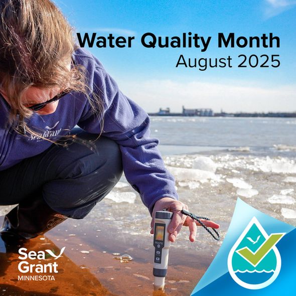 Hilarie Sorensen testing water quality with a handheld device. Text over the image reads "Water Quality Month August 2025." Credit: MNSG