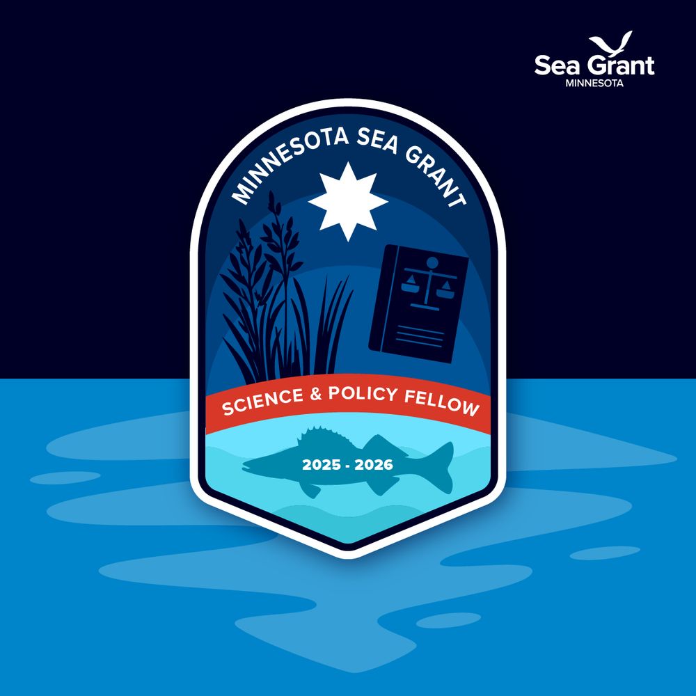 Badge design for the Minnesota Sea Grant Science and Policy Fellow 2025-2026, featuring aquatic elements and the organization's logo.