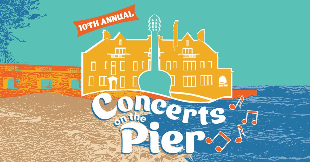 A gold mansion with a green guitar in front stands in front of an orange building, beach, and water. Text says 10th annual Concerts on the Pier. Credit: Glensheen Mansion. 