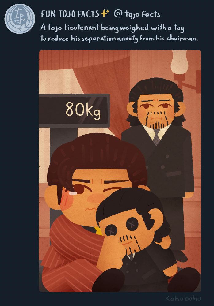 Fake illustrated social media post. The post says “a tojo lieutenant being weighed with a toy to reduce his separation anxiety from his chairman”. In the picture, a tiny mine is sitting on a scale, clutching a daigo plushy. He looks distressed, looking up a the camera with tears in his eyes. Daigo is in the background, pouting while he watches the scene unfold.