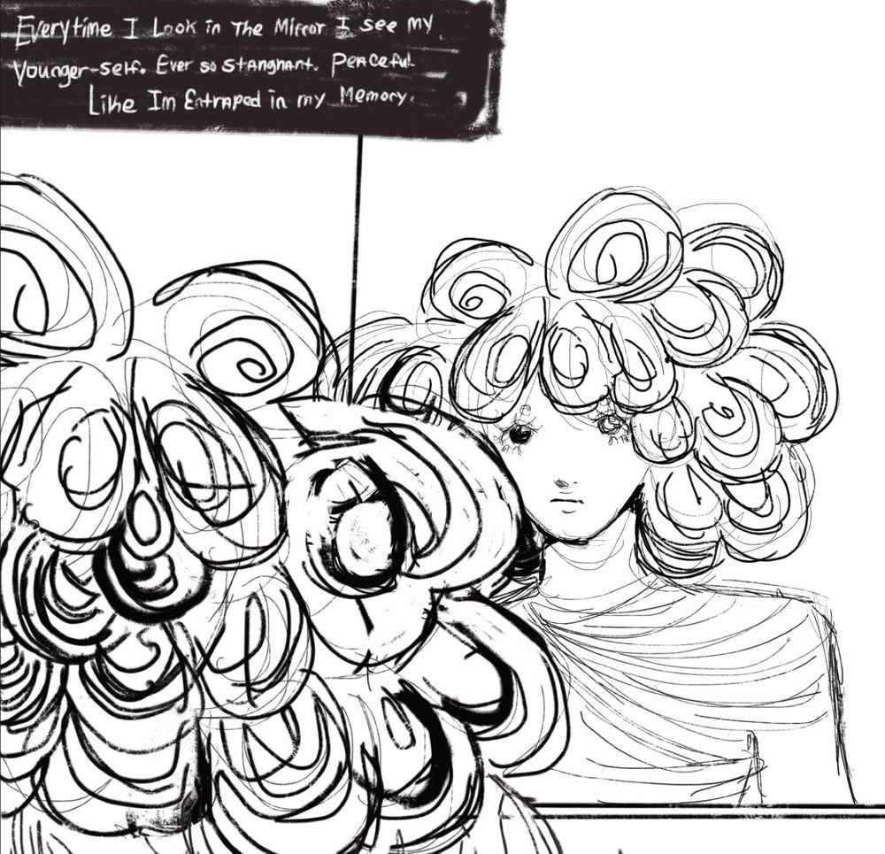 My character noé with spiral hair, standing in front of a mirror portrayed as their younger self. Their current state being shown on the outside of the mirror. 