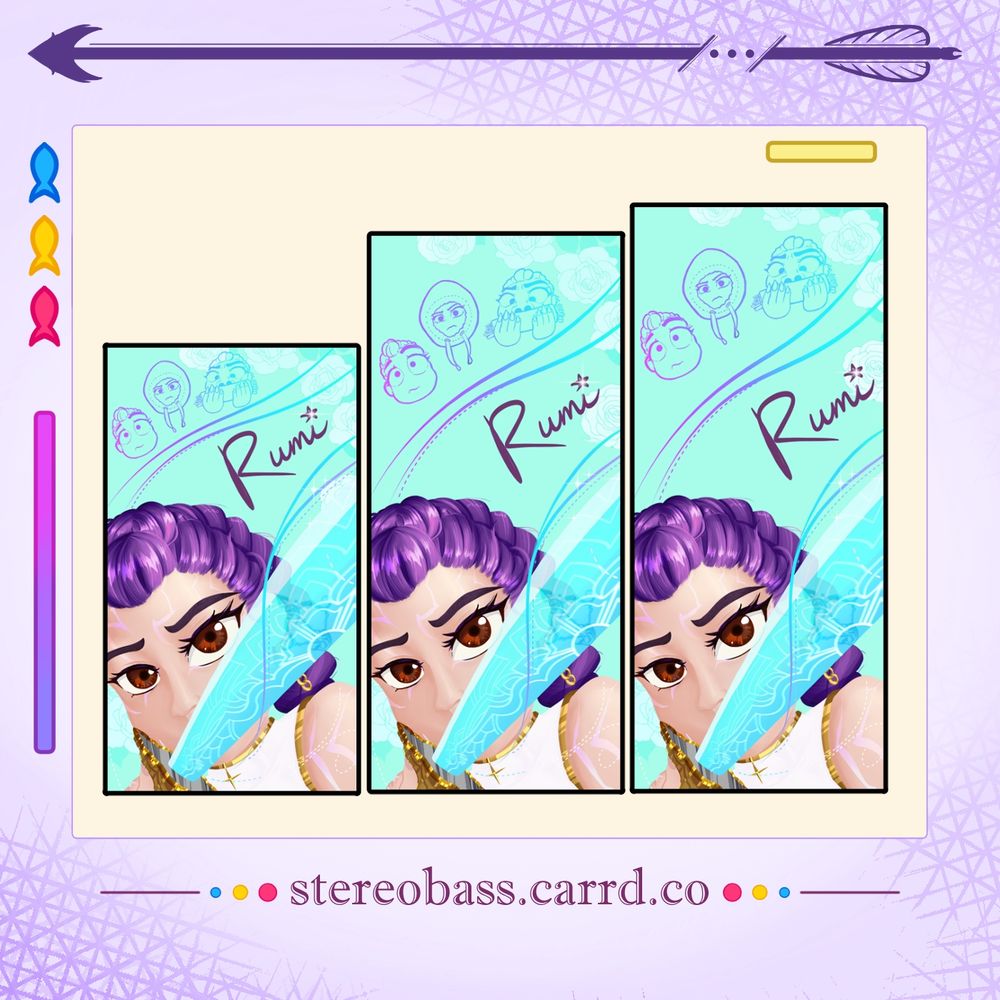 This is a graphic displaying the 3 different aspect ratios for the Rumi phone background. The graphic itself has some pan colored fish, stereo's carrd website link, and the trim is a faded purple with some cross hatch texturing. The wallpaper is slightly different from the actual piece so that it can make visual sense on the phone.