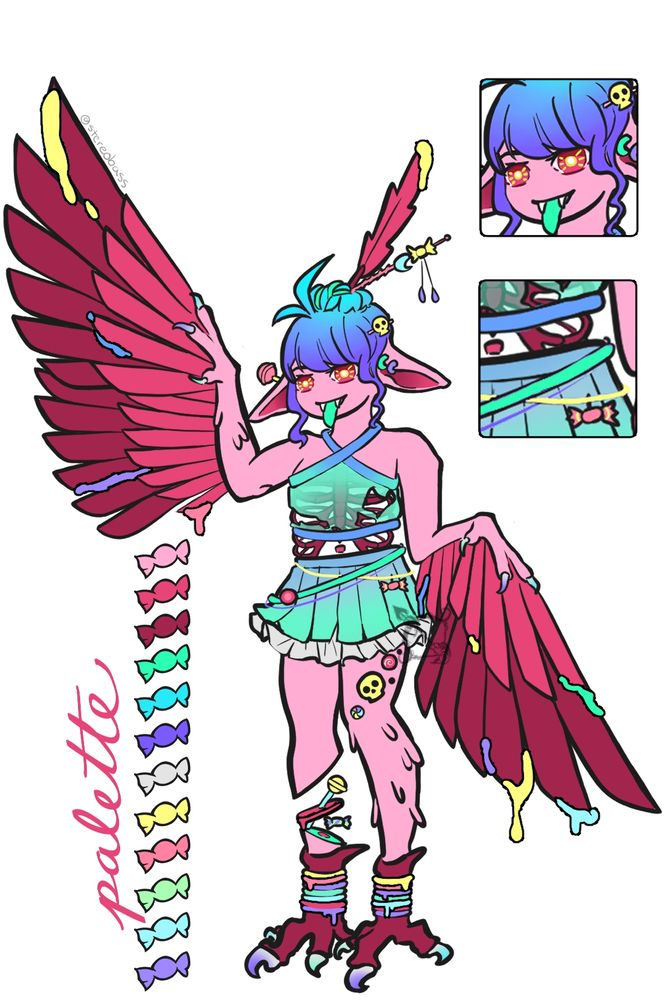 This is a character design made by stereobass of a candy gore harpy. The harpy is mostly a pastel pink to darker pink base wearing teal to blue to purple color scheme top and skirt. The accessories are pastel colors and they include yellow skulls, orange lolipop, and swirls. The harpy wings have some droopy details colored from the palette. There are two squares that zoom in for the face and the skeleton torso + skirt detail.