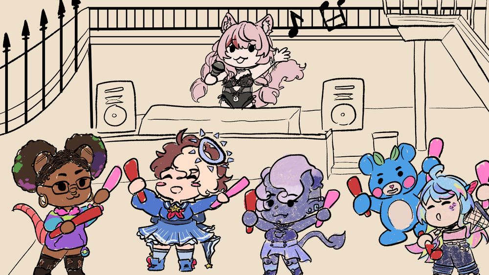 This is a doodle drawing of Neko Mikki performing outdoors with Momoplush, Rainy, Pastel Gremlin, KamEwing, and Stereobass OCs in attendance.