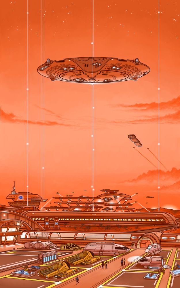 An illistration of the saucer of a Galaxy Class starship being raised from the Martian Surface