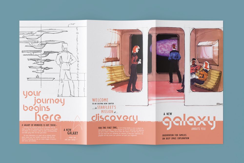A flat-lay view of the Project Galaxy pamphlet, fully unfolded. On the left panel, a sketched Starfleet officer studies a vertical ship design chart. The middle and right panels depict warm-toned interior starship scenes—officers chatting, standing, and observing a purple-hued planet through a large window. The retro-futurist typography reads: "Your journey begins here... Welcome to an exciting new chapter in Starfleet’s mission of discovery. A new galaxy awaits you."